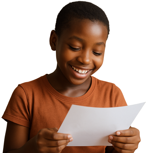 a young african girl in low-cut  hair, looking down at a paper with a happy expression