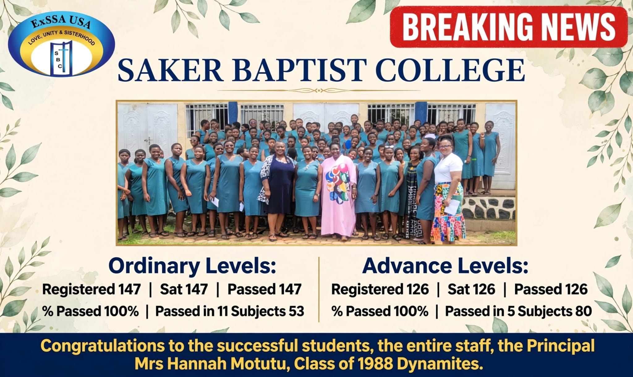 Breaking News: Saker Baptist College Records 100% in Both GCE O & A Levels.